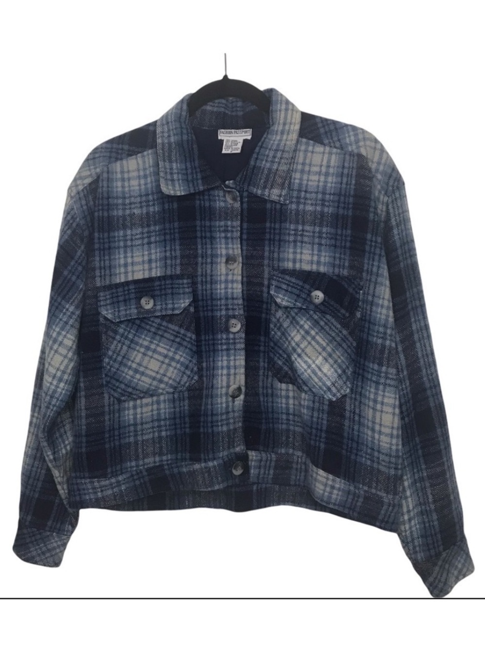 Vintage Fashion Passport Blue Plaid Wool Blend Shirt Jacket
